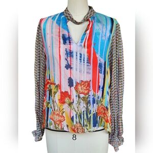 Anthropologie Conditions Apply Colorful Geometric Floral Retro Peasant Blouse XS
